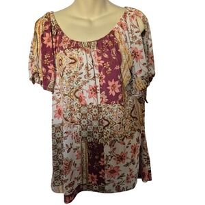 CURE Women's L Boho Floral Peasant Patchwrk Cold Shoulder Blouse Cottagecore